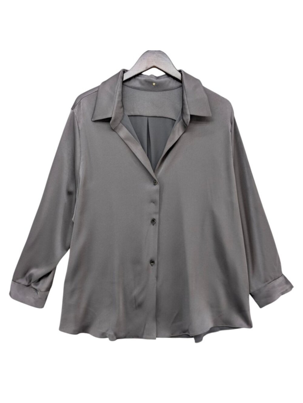 RTW Charleston Satin Blouse Womens Pewter Grey Long Sleeve Button Front Size XXL